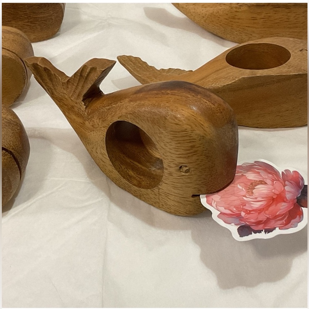 Vintage MCM Wooden Whale Napkin Rings set of 8
